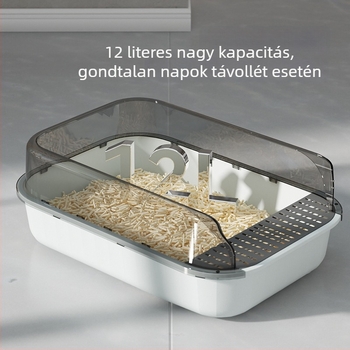 Nagy macska alomtálca színes panelokkal, magas kerítéssel, fröccsenés elleni, félig zárt, tág belső térrel