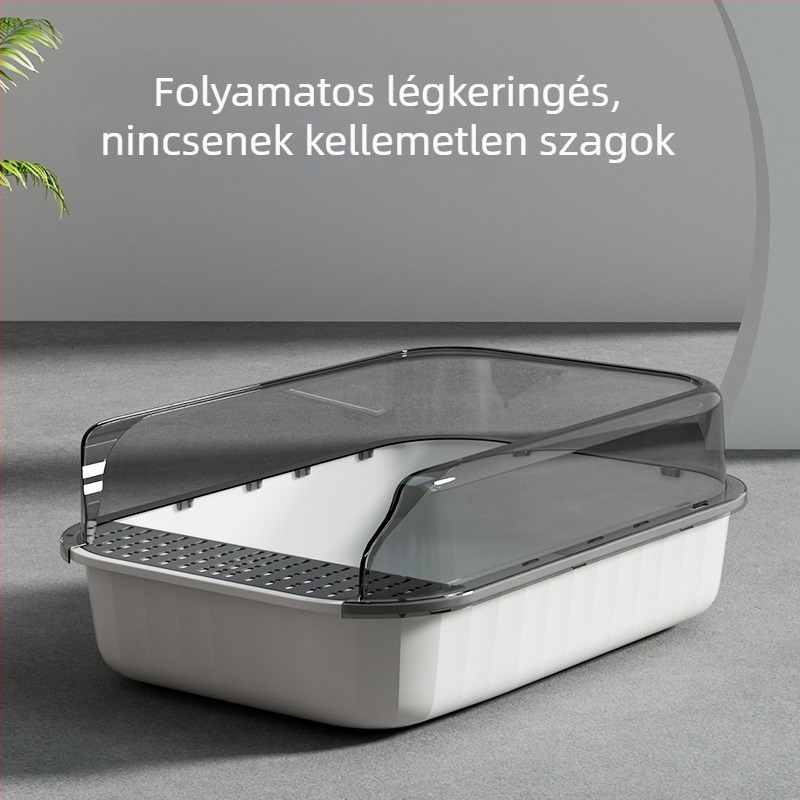 Nagy macska alomtálca színes panelokkal, magas kerítéssel, fröccsenés elleni, félig zárt, tág belső térrel