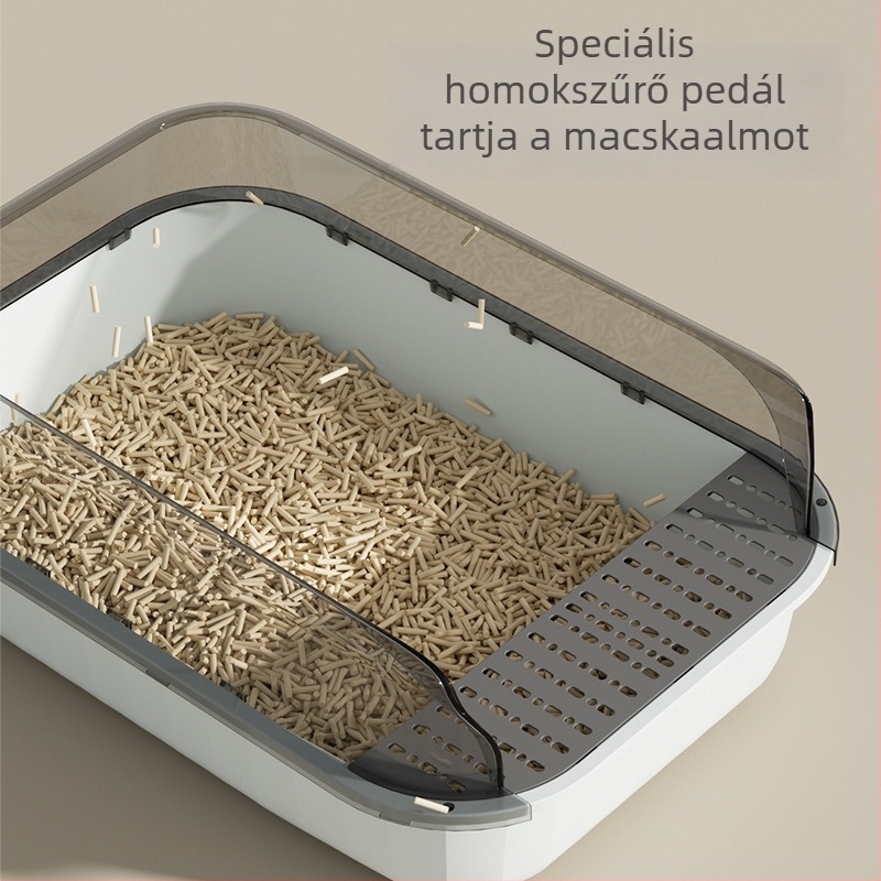Nagy macska alomtálca színes panelokkal, magas kerítéssel, fröccsenés elleni, félig zárt, tág belső térrel