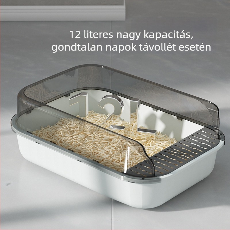 Nagy macska alomtálca színes panelokkal, magas kerítéssel, fröccsenés elleni, félig zárt, tág belső térrel