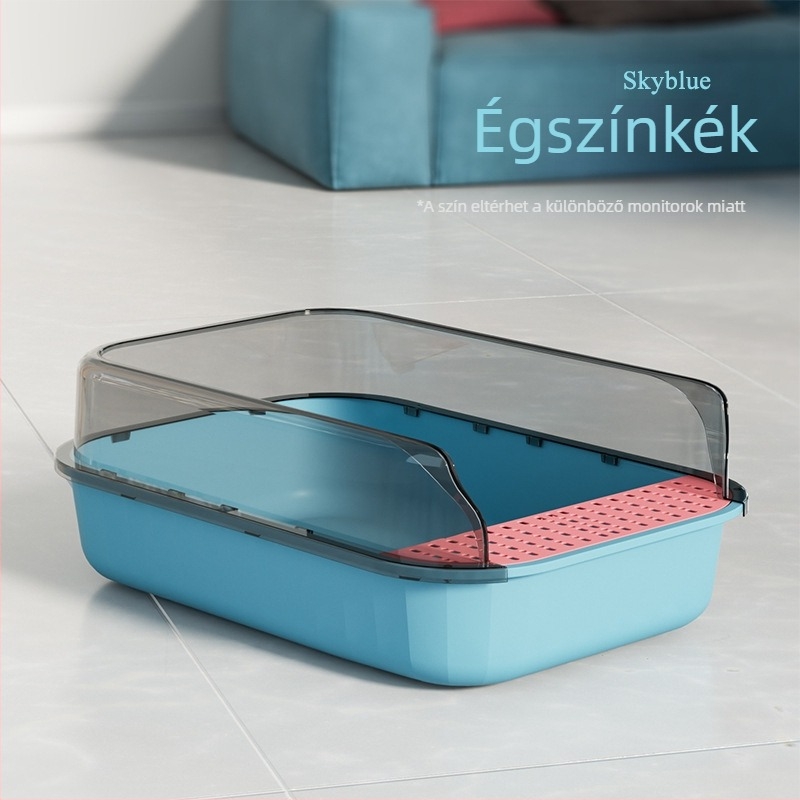 Nagy macska alomtálca színes panelokkal, magas kerítéssel, fröccsenés elleni, félig zárt, tág belső térrel