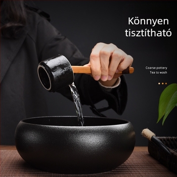Fekete kerámia teáskészlet tinbevonatos díszítéssel, modern otthoni használatra; tartalmaz teáscsészét, ecsetmosót, vízmedencét és nagy méretű tea-maradék tartályt.