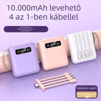 3C tanúsítványos powerbank egyedi logóval, nagy kapacitású, kompakt és hordozható, négy beépített mini kábellel