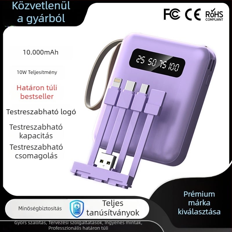 3C tanúsítványos powerbank egyedi logóval, nagy kapacitású, kompakt és hordozható, négy beépített mini kábellel