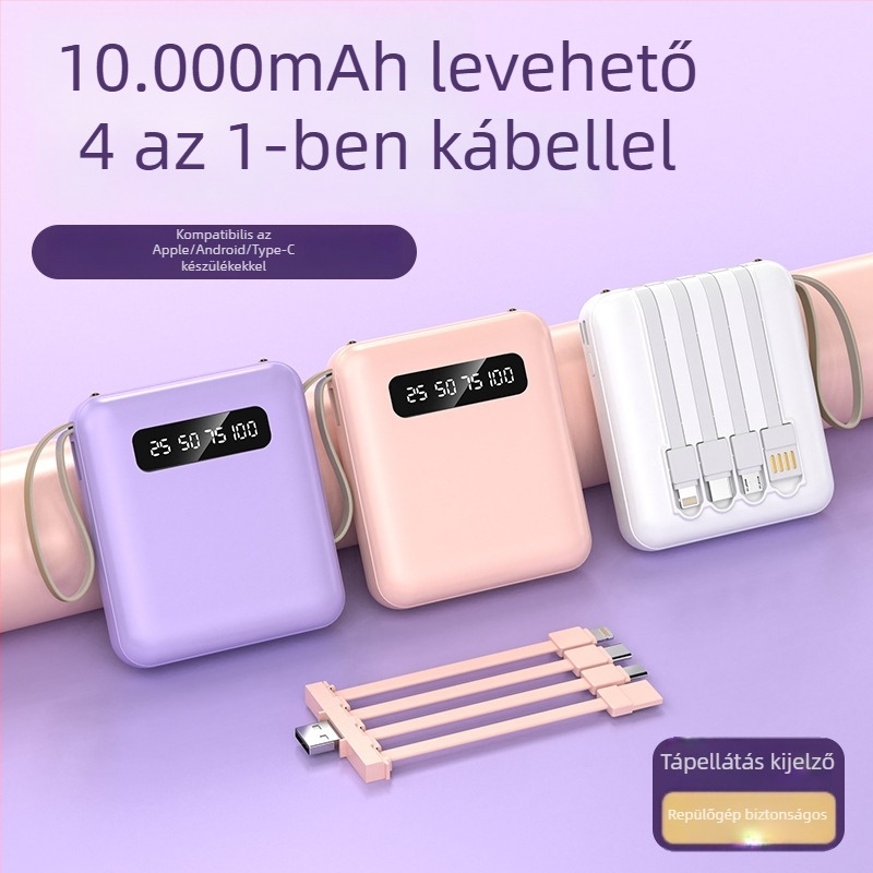 3C tanúsítványos powerbank egyedi logóval, nagy kapacitású, kompakt és hordozható, négy beépített mini kábellel