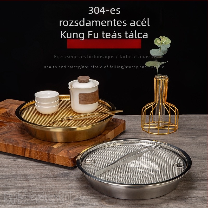 304 rozsdamentes acél Kung Fu teás tálca otthoni és irodai használatra, leeresztő tálca, körkörös, többfunkciós