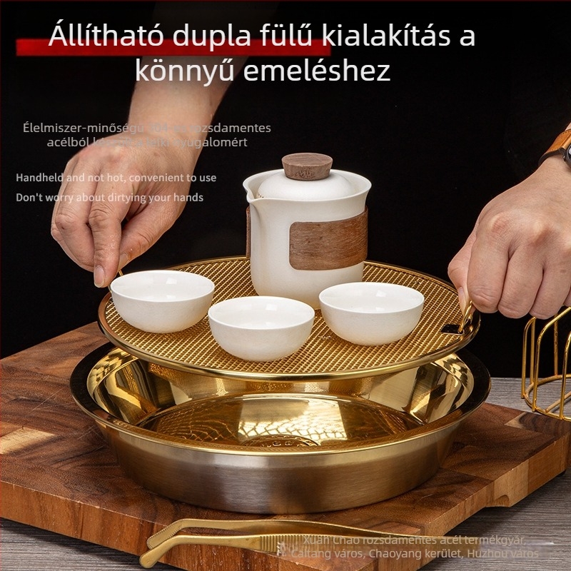 304 rozsdamentes acél Kung Fu teás tálca otthoni és irodai használatra, leeresztő tálca, körkörös, többfunkciós
