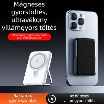 Mágneses vezeték nélküli power bank 10000 mAh, kompakt, állvánnyal, gyors töltés, testreszabható