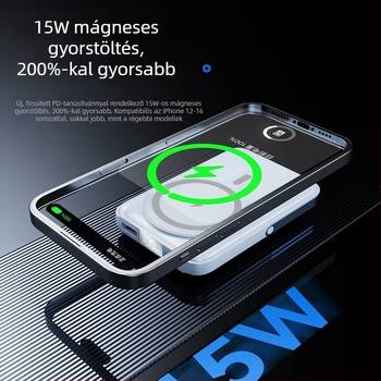 Mágneses vezeték nélküli power bank 10000 mAh, kompakt, állvánnyal, gyors töltés, testreszabható