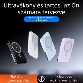 Mágneses vezeték nélküli power bank 10000 mAh, kompakt, állvánnyal, gyors töltés, testreszabható