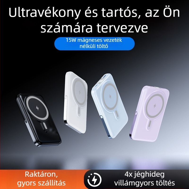 Mágneses vezeték nélküli power bank 10000 mAh, kompakt, állvánnyal, gyors töltés, testreszabható