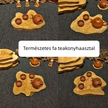 Rózsafa tömörfa teás tálca a száraz áztatáshoz, egész blokk formájú gyökérfa részlettel, teáskészlet és tea alátét