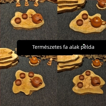 Rózsafa tömörfa teás tálca a száraz áztatáshoz, egész blokk formájú gyökérfa részlettel, teáskészlet és tea alátét