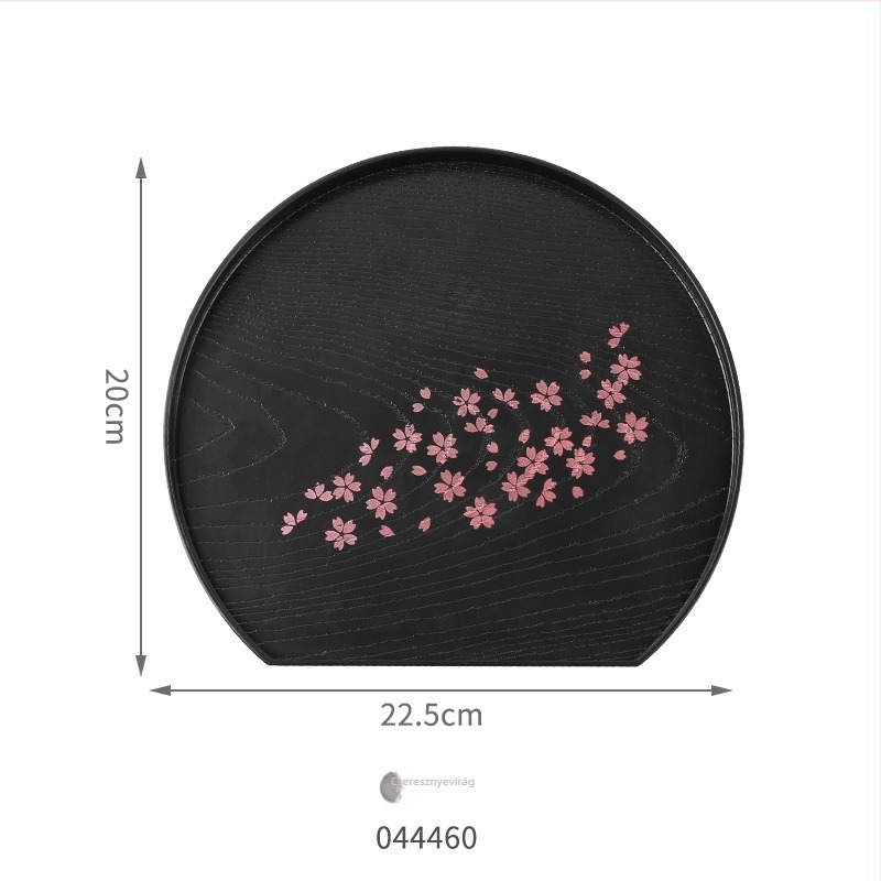 Japán sakura mintás műanyag tálca, fa-textúra, fekete – téglalap és kör alakú teás- és gyümölcstál