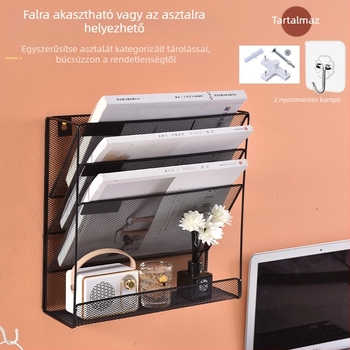 Falihoz szerelhető, négyszintes fém fájl- és magazinrendező
