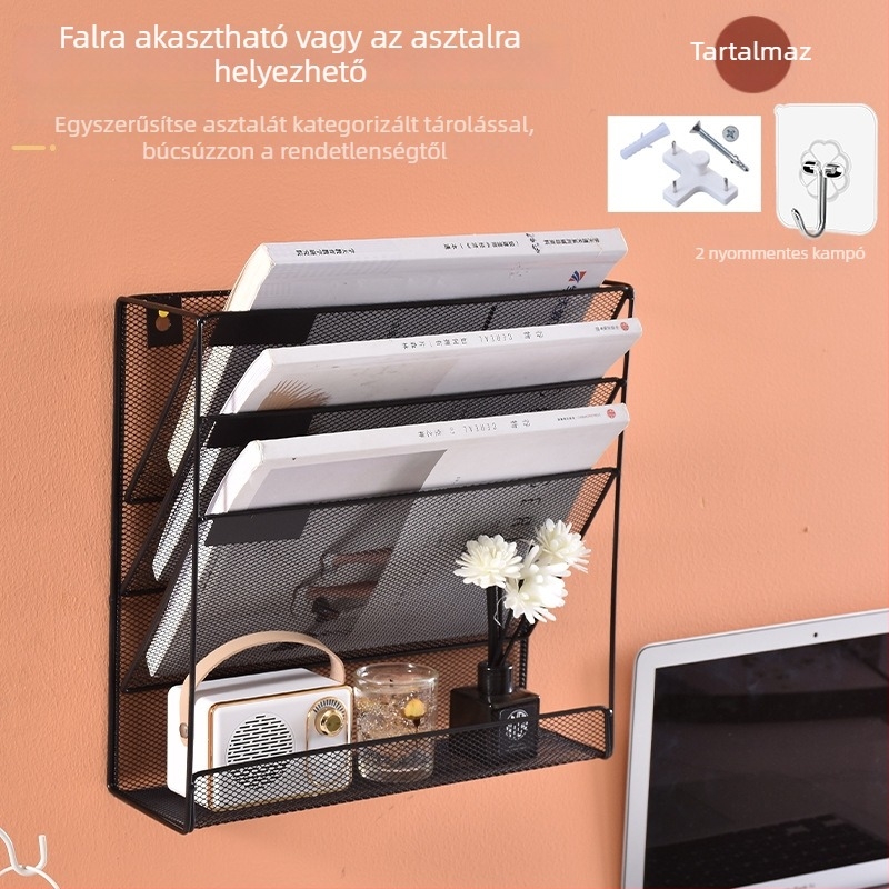 Falihoz szerelhető, négyszintes fém fájl- és magazinrendező