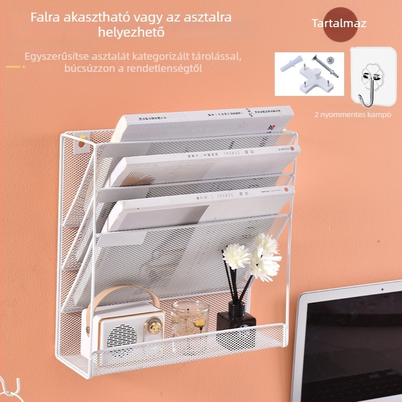 Falihoz szerelhető, négyszintes fém fájl- és magazinrendező