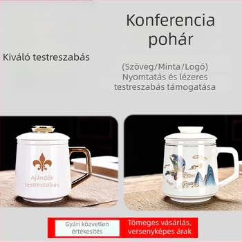 Fehér kerámia teáscsésze-készlet szűrővel és arany peremmel, szállodai és irodai használatra