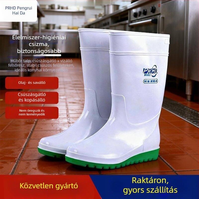 Fehér élelmiszeripari munkavédelmi csizma, vízálló, csúszásmentes, olajálló, fleece-béléssel melegítésért, férfiaknak