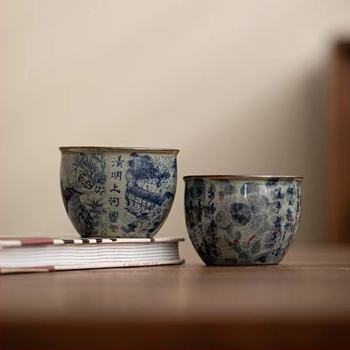 Retro kék‑fehér porcelán teáscsésze, kerámia Gongfu teás készlet, egyetlen csésze