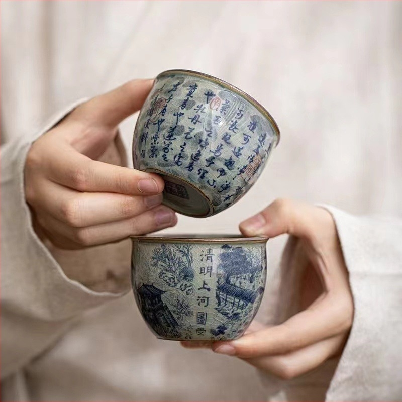 Retro kék‑fehér porcelán teáscsésze, kerámia Gongfu teás készlet, egyetlen csésze