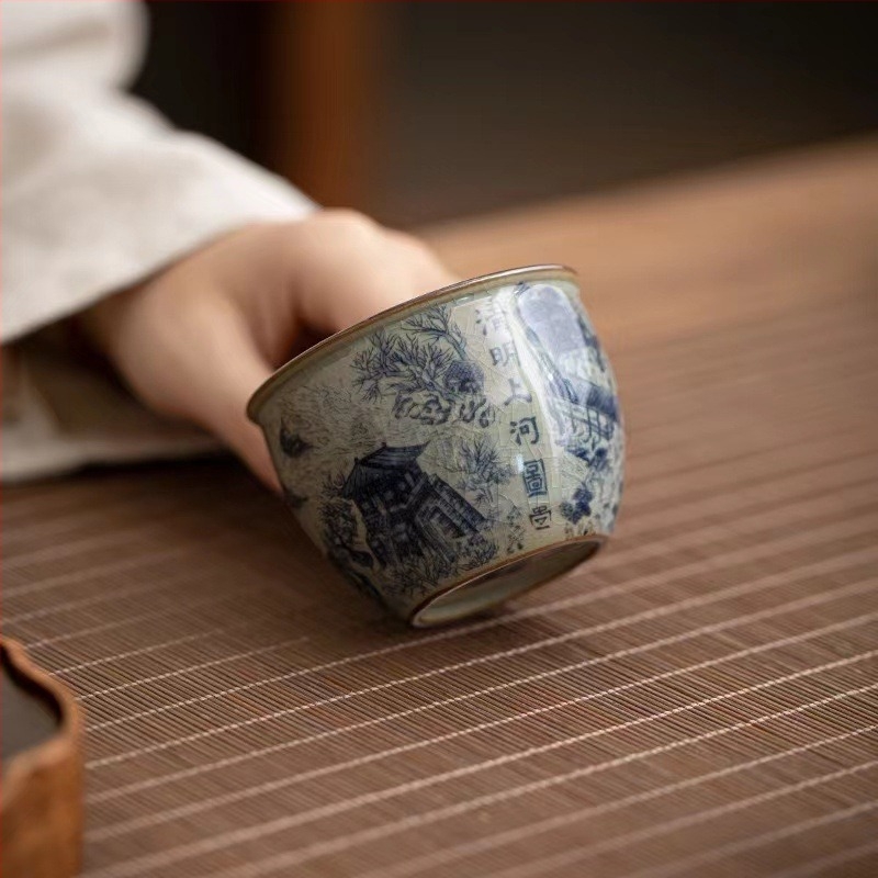 Retro kék‑fehér porcelán teáscsésze, kerámia Gongfu teás készlet, egyetlen csésze