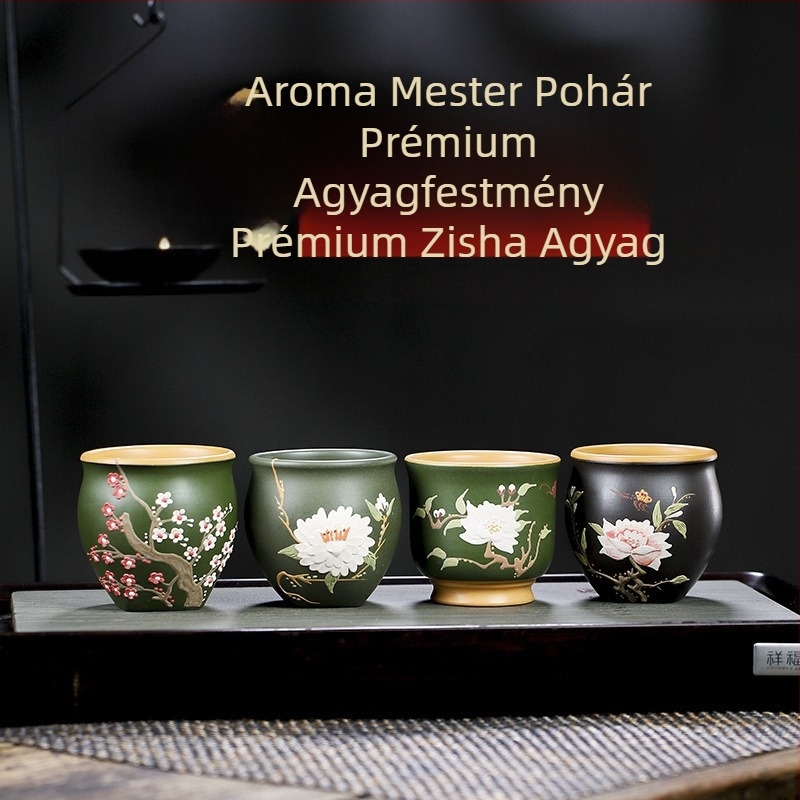 Yixing kézzel készített teáscsésze lila homokból, illatos virágmotívumokkal: Plum Blossom, Chrysanthemum, Magnolia és Peony – nagy nyílású Kung Fu teáscsésze