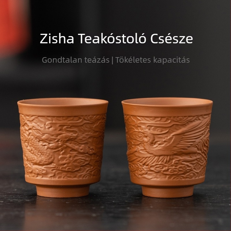 Lila homokból készült teáscsésze Gongfu teához – kerámia, egyes teáscsésze, Sárkány és Főnix pár, nagy teáscsésze a teakeveréshez