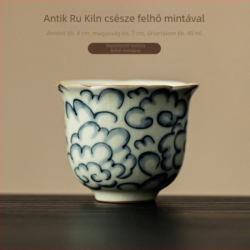 Antik stílusú Ru kiln kerámiás virágos szájú teáscsésze, otthoni használatra, személyes teáscsésze és kóstolócsésze, repedéses glazúra, Gongfu teáskészlethez, egyetlen csésze