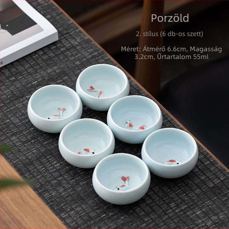 Celadon kerámia teás pohár kis halas mintával — Gongfu tea pohár, kreatív mini hal mintázat, személyes otthoni használatra