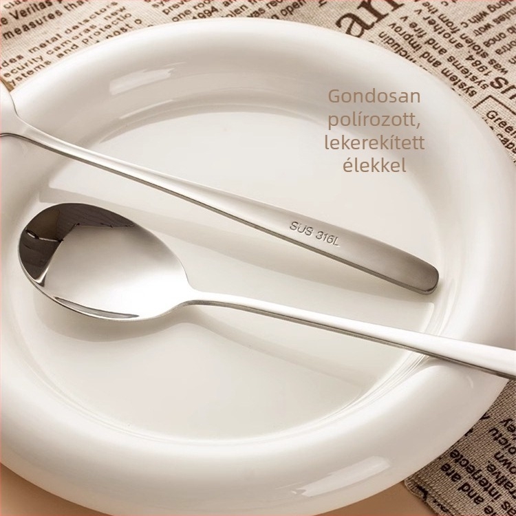 316L rozsdamentes acél, ételminőségű kanál, háztartási használatra, hosszú nyele, vastított konstrukció, modern minimalist stílus.