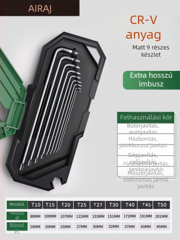 Arrizo hex kulcs készlet, matt felület, lapos és gömbfejű hex kulcsok, Torx, hosszított hosszúság