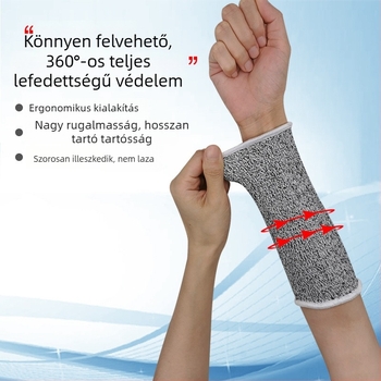 5. szintű vágásálló alkarvédő, megerősített HPPE csuklóvédővel, védelem a kés és a karcolódás ellen, üvegkezeléshez és rakodáshoz