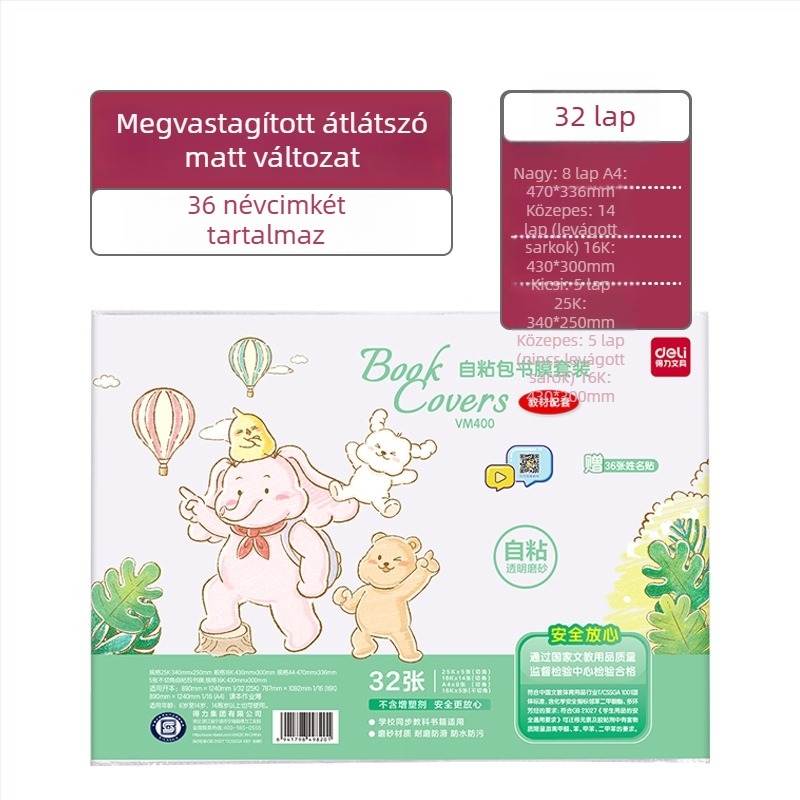 Deli vastag matt vízálló öntapadós könyvborító készlet tankönyvekhez (A4, 25K, 18K, 16K)