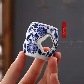 Kerámia fedél teáskannához és fedőállvány, fehér porcelán kék‑fehér arany díszítéssel, Kung Fu tea ceremónia kiegészítői