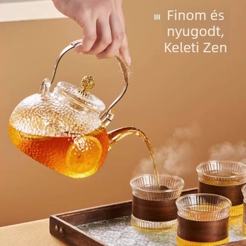 Hőálló üvegből készült Gongfu teáskanna kenderzsinóros fogantyúval és réz gyöngyökkel, tea–víz elválasztó, nagy kapacitású