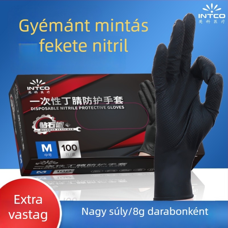 Egyszer használatos nitril kesztyűk gyémántmintázatú felülettel, csúszásmentes autójavításokhoz és ipari karbantartáshoz, vastagított, kopásálló