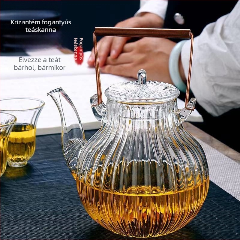 Üvegből készült teáskanna krizantém szirmok mintával, víz felforralására és tea készítésére, egyszerű kung-fu teáskészlet irodába