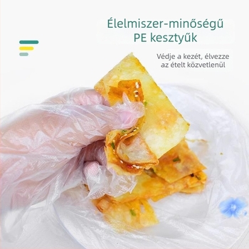 Egyszer használatos, átlátszó kesztyűk, vastagítottak és hosszabbak, vízállóak és olajállóak, élelmiszer-minőségű polietilenből, háztartási és catering használatra