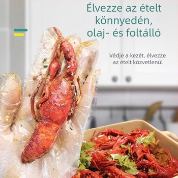 Egyszer használatos, átlátszó kesztyűk, vastagítottak és hosszabbak, vízállóak és olajállóak, élelmiszer-minőségű polietilenből, háztartási és catering használatra