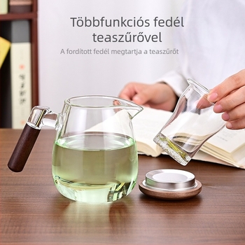 Szűrős üveges teáskanna, magas hőállóságú boroszilikát üveg, oldalsó diófa fogantyúval