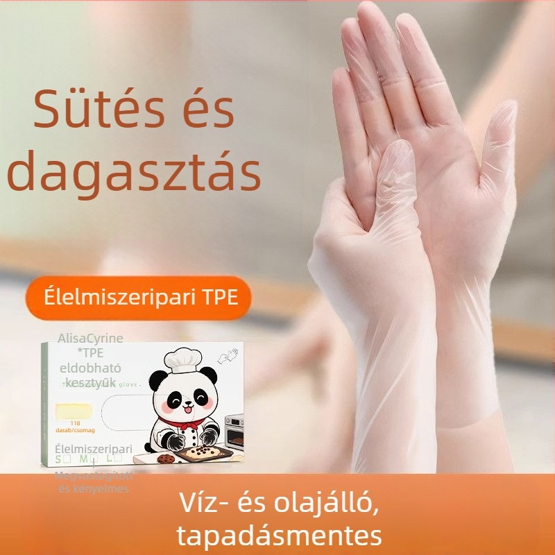 TPE étkezési minőségű egyszer használatos kesztyűk konyhai feladatokra, dagasztáshoz, sütéshez és takarításhoz; vastagított és tartós