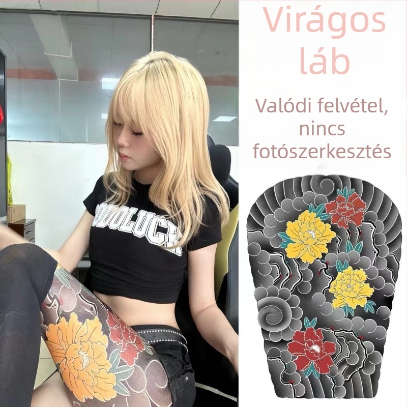 Ősi hagyományos virágos láb tetoválás matrica – vízálló, kopásálló, 3–5 napos tartósság, uniszex, japán stílusú sárkány és bazsarózsa motívummal