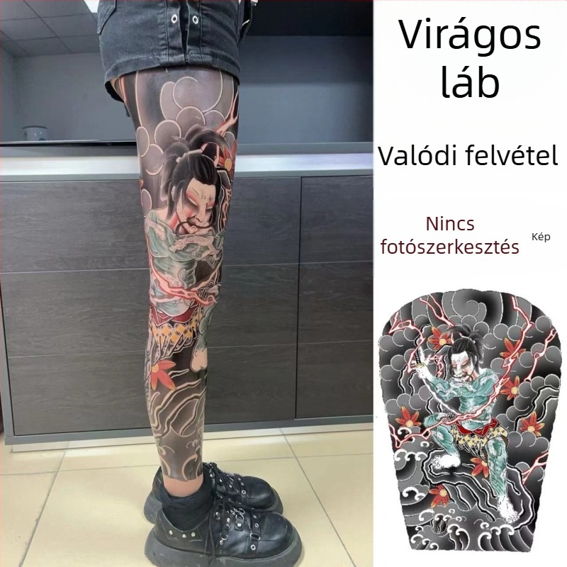 Ősi hagyományos virágos láb tetoválás matrica – vízálló, kopásálló, 3–5 napos tartósság, uniszex, japán stílusú sárkány és bazsarózsa motívummal