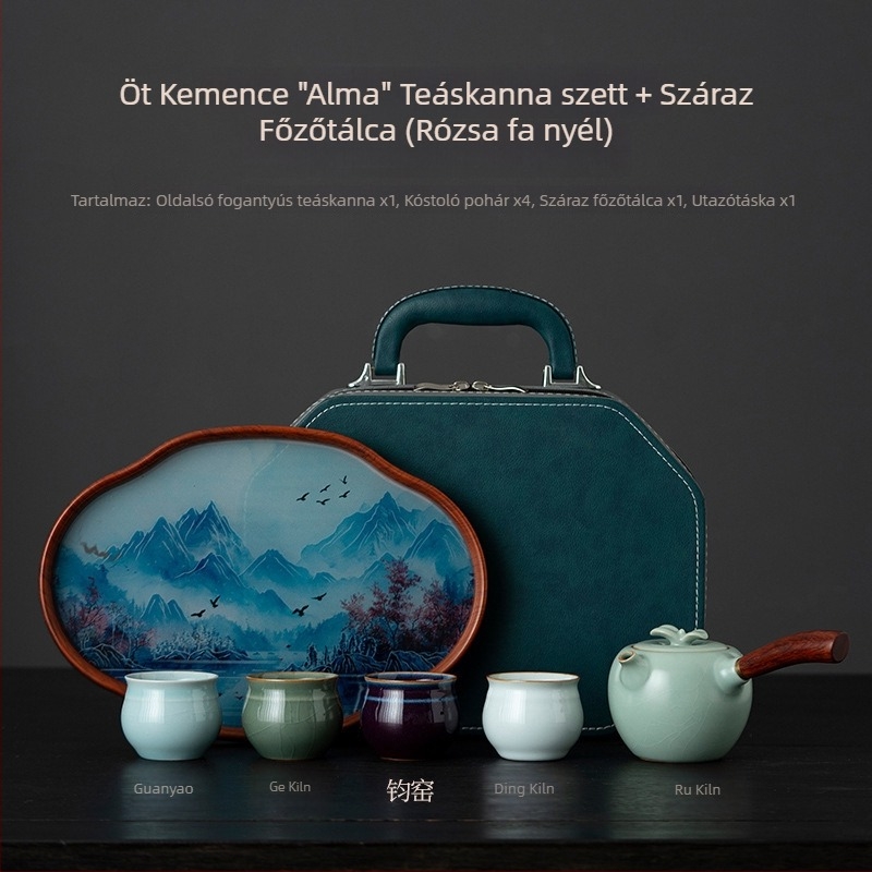 Ru Kiln Gongfu teáskészlet – 1 teáskanna és 4 csésze, hordozható utazó teás készlet, kerámia, ajándékdoboz