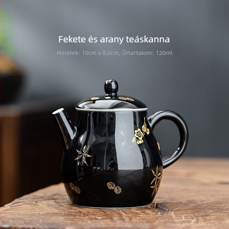 Celadon kerámia teáskészlet fekete mázzal és aranyozott szilva virág motívummal, tartalmaz teáskannát fedővel, csészét és tálat