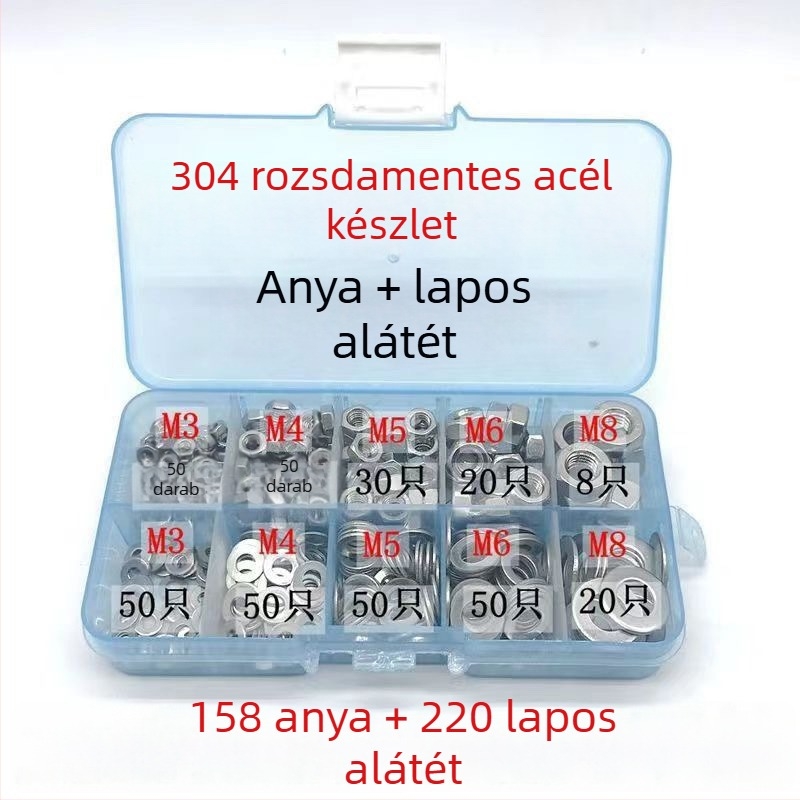 Hatszögletű anya csúszásgátló flanšszal és lapos alátéttel, M3–M8