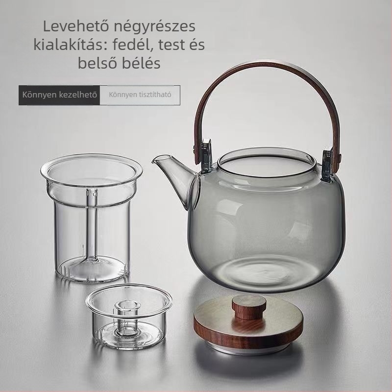 Fogantyús teáskanna integrált gőzölő és főző funkcióval, tea-víz elválasztóval, irodai és vendéglátó teáskészlet, magas hőálló üveg