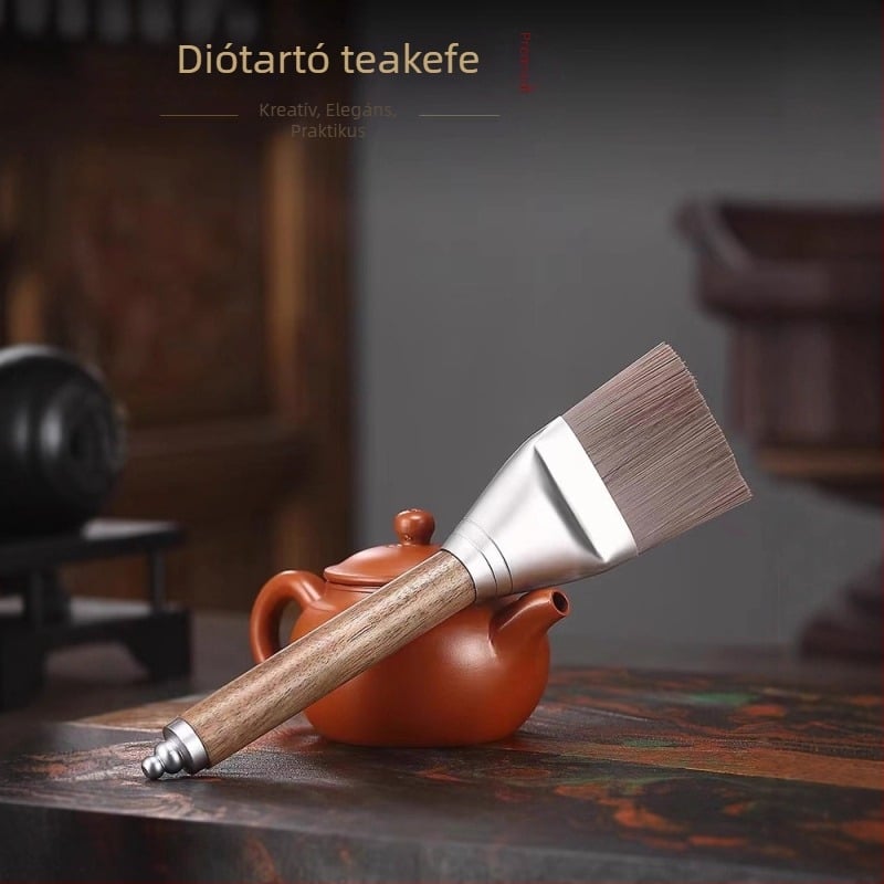 Diófából készült teáskészlet-kiegészítők: teáskés diófából, tisztító tálca, víz tisztító ecset