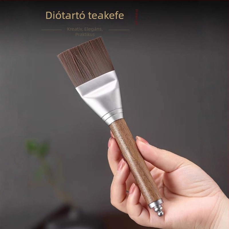 Diófából készült teáskészlet-kiegészítők: teáskés diófából, tisztító tálca, víz tisztító ecset